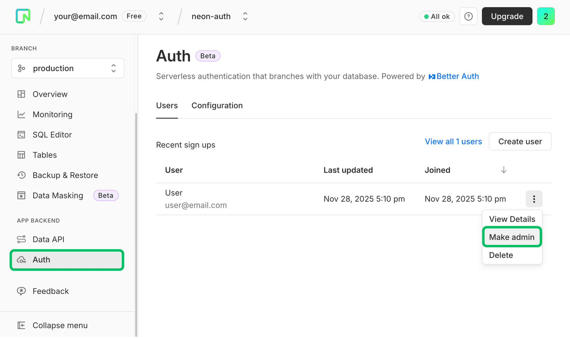 Assign admin role in Neon Console