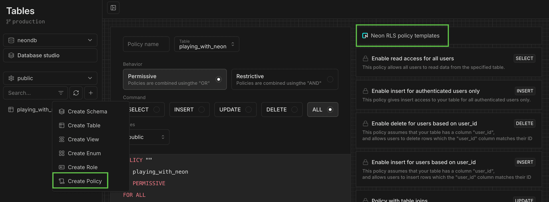 Set RLS policies on the tables page