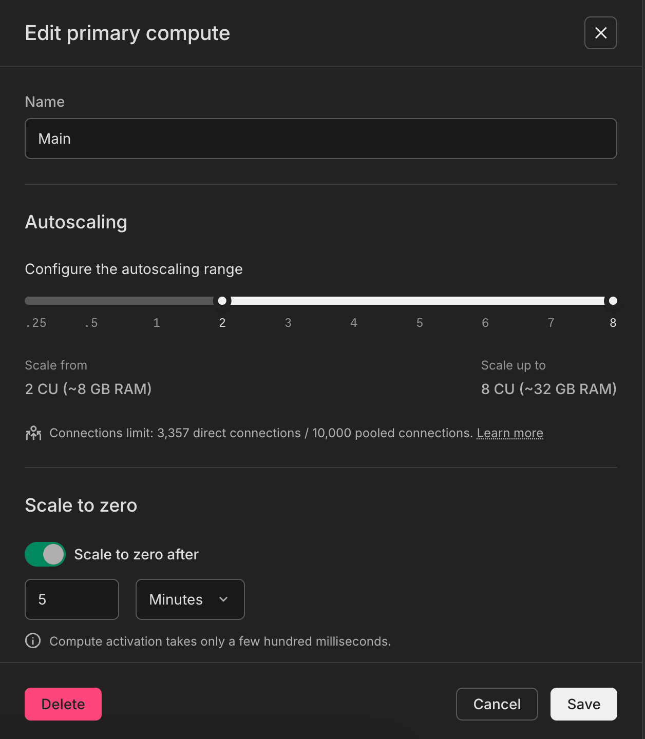 Edit compute dialog showing an autoscaling configuration