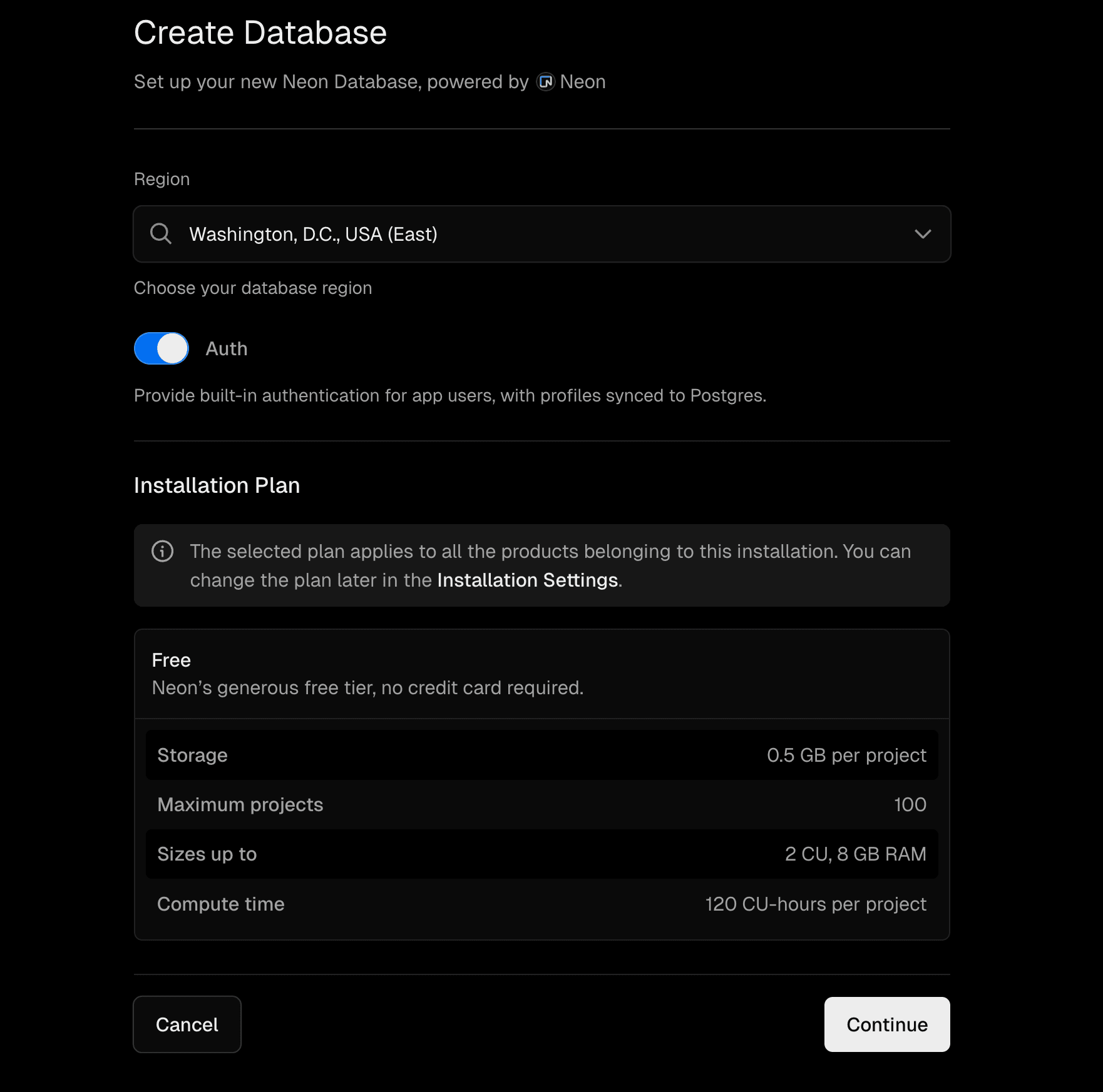 Vercel Neon Create Project Modal