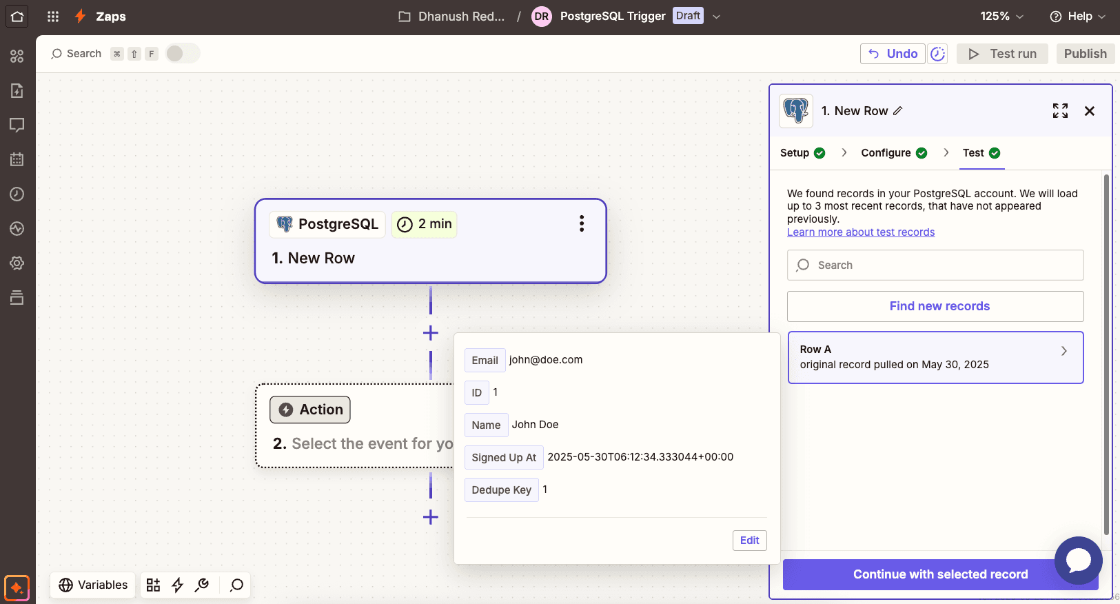 PostgreSQL trigger test in Zapier