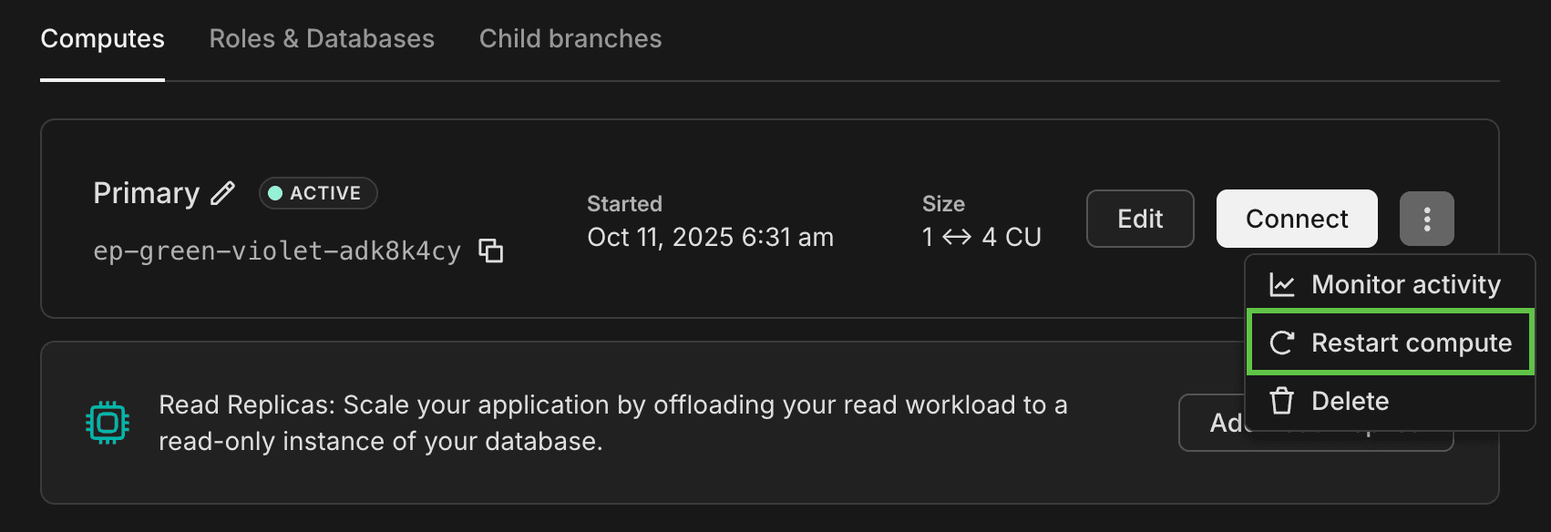 Restarting a compute from the Neon Console