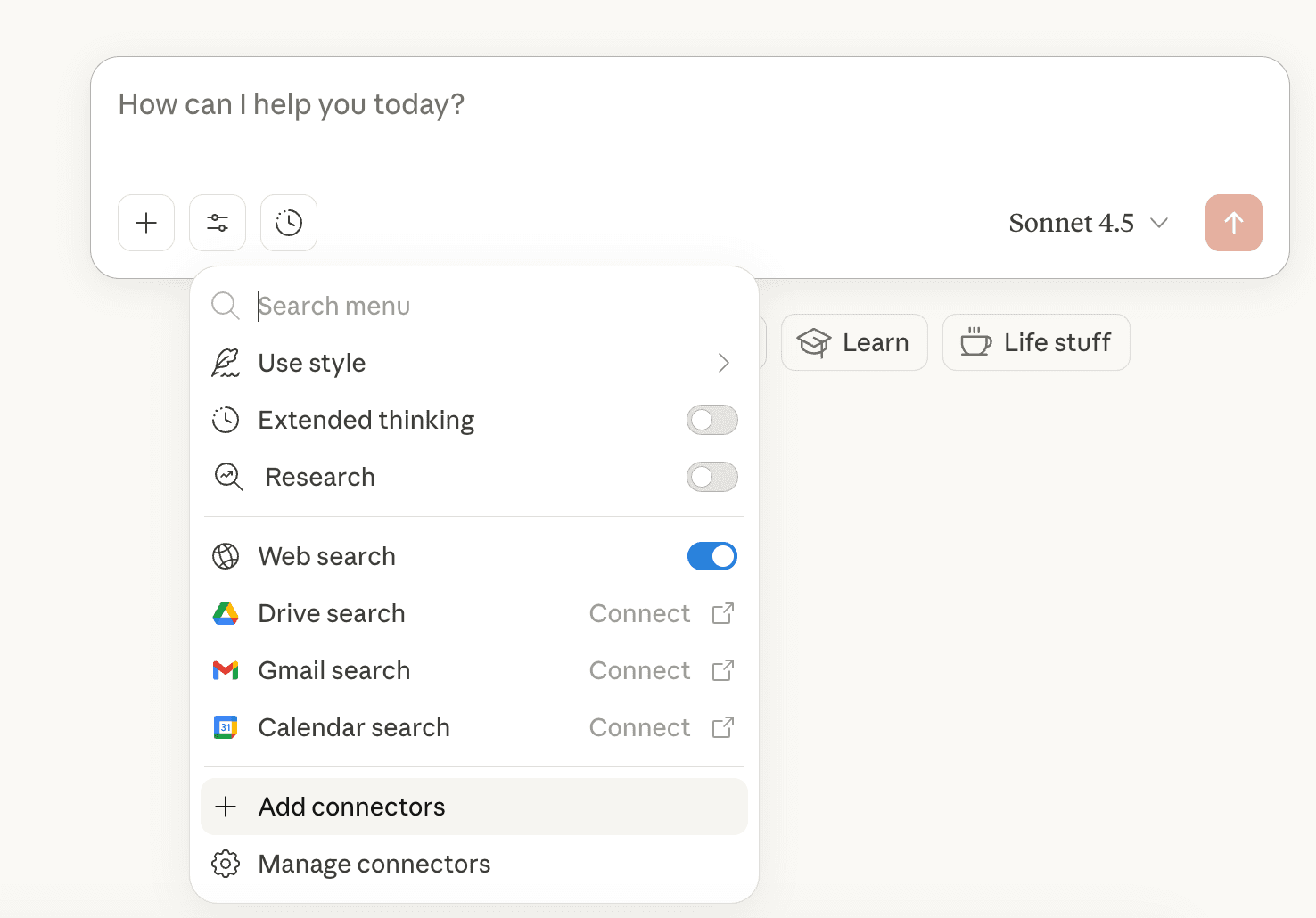 Claude search and tools button